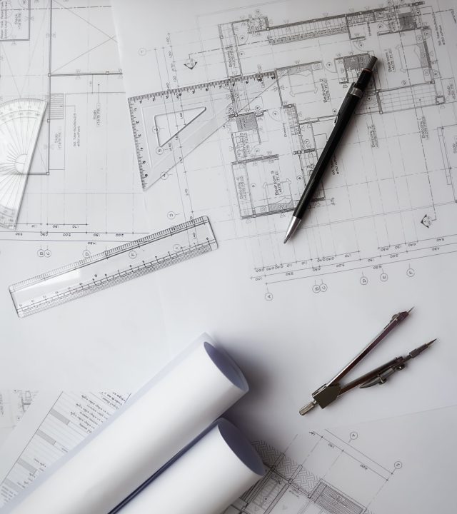 Image of engineering objects on workplace top view.Construction Image of engineering objects on workplace top view.Construction concept. Engineering tools.Vintage tone retro filter effect,soft focus(selective focus)